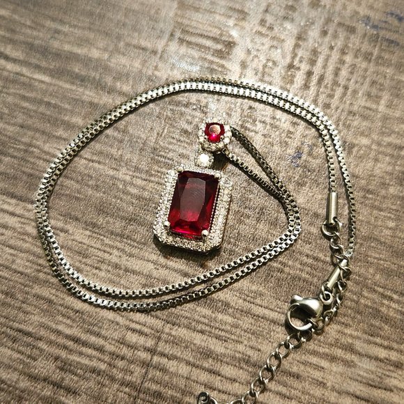 Ruby Pendant Necklace Silver Stainless Steel Emerald Cut Stone for Women - Picture 8 of 9
